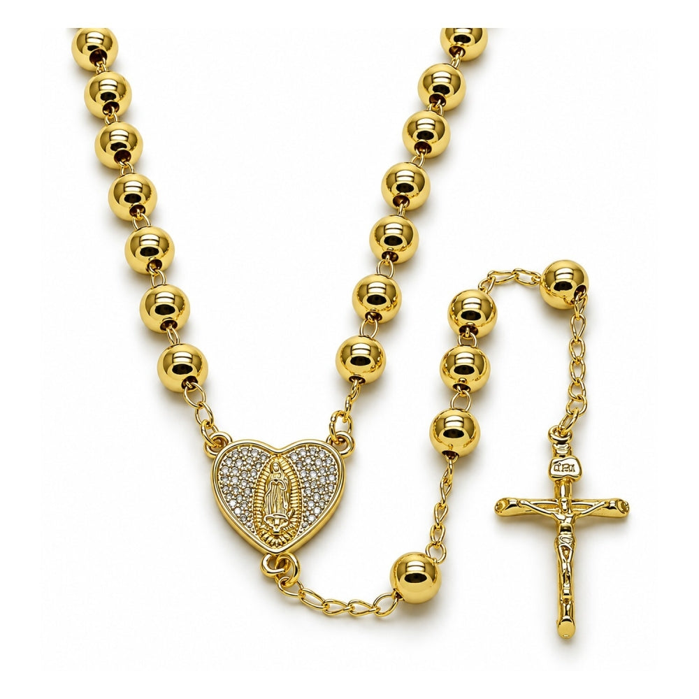 Oro Laminado Medium Rosary, Gold Filled Style Guadalupe and Crucifix Design, with White Micro Pave, Polished, Golden Finish