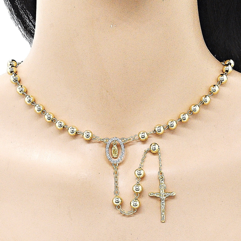 Oro Laminado Medium Rosary, Gold Filled Style Guadalupe and Crucifix Design, with White Cubic Zirconia, Polished, Golden Finish