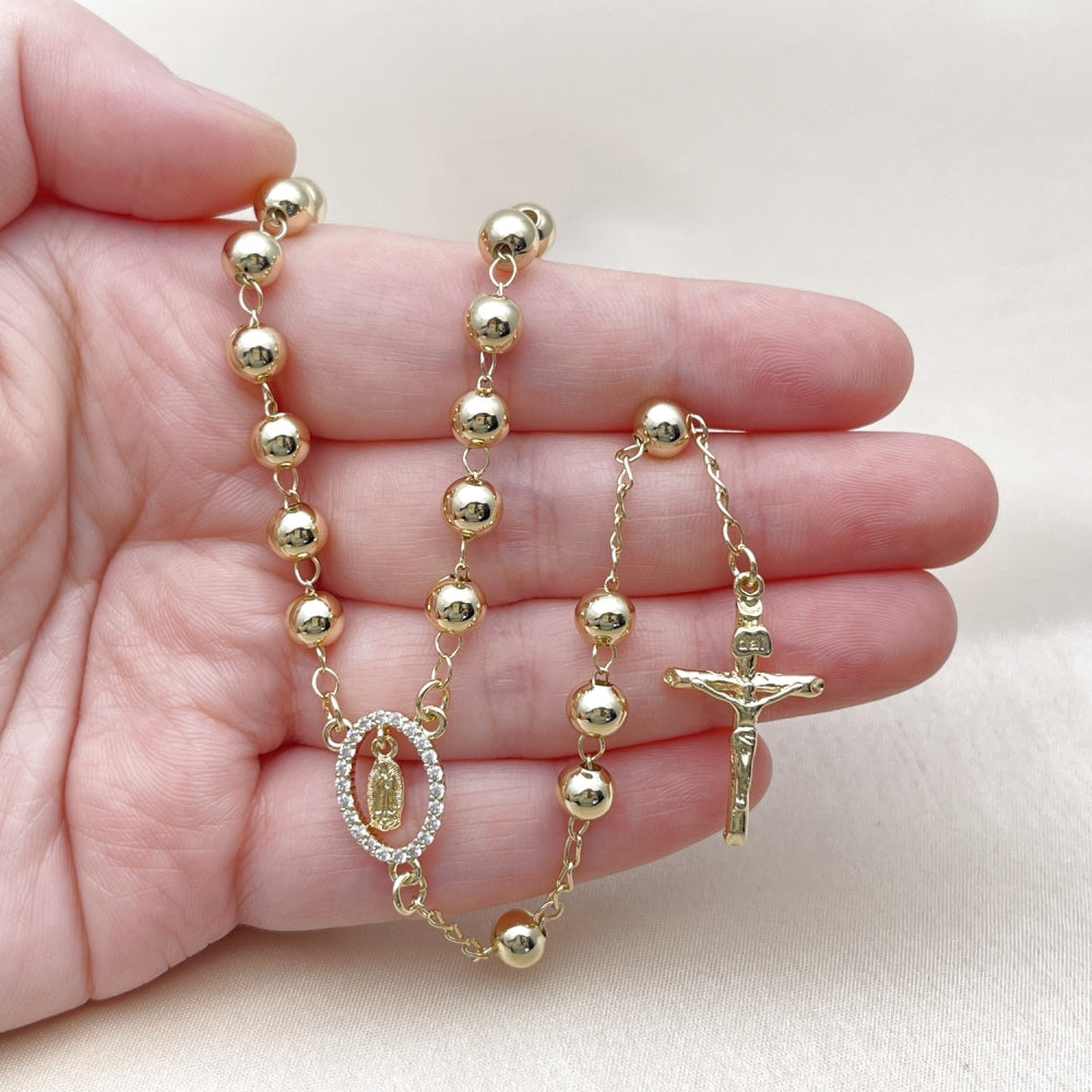 Oro Laminado Medium Rosary, Gold Filled Style Guadalupe and Crucifix Design, with White Cubic Zirconia, Polished, Golden Finish