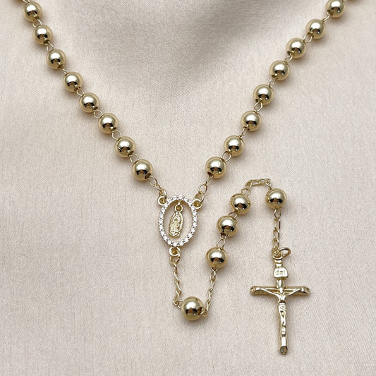 Oro Laminado Medium Rosary, Gold Filled Style Guadalupe and Crucifix Design, with White Cubic Zirconia, Polished, Golden Finish