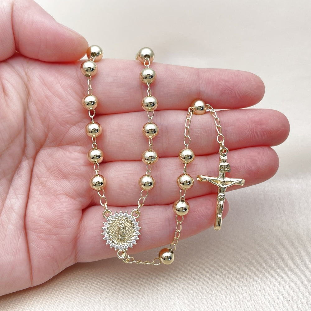 Oro Laminado Medium Rosary, Gold Filled Style Guadalupe and Crucifix Design, with White Cubic Zirconia, Polished, Golden Finish