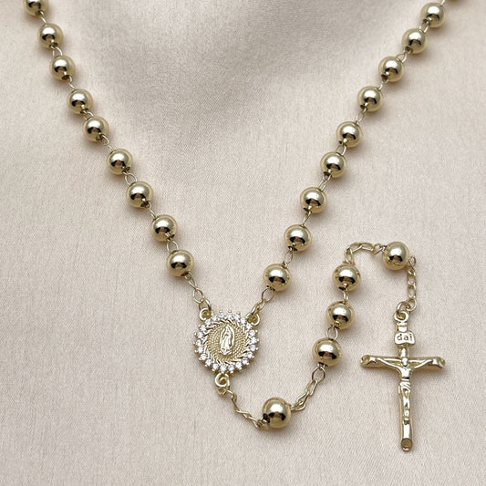 Oro Laminado Medium Rosary, Gold Filled Style Guadalupe and Crucifix Design, with White Cubic Zirconia, Polished, Golden Finish