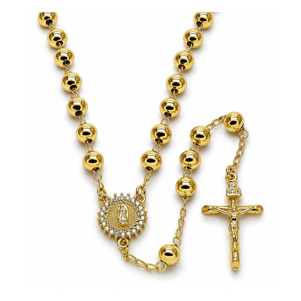 Oro Laminado Medium Rosary, Gold Filled Style Guadalupe and Crucifix Design, with White Cubic Zirconia, Polished, Golden Finish