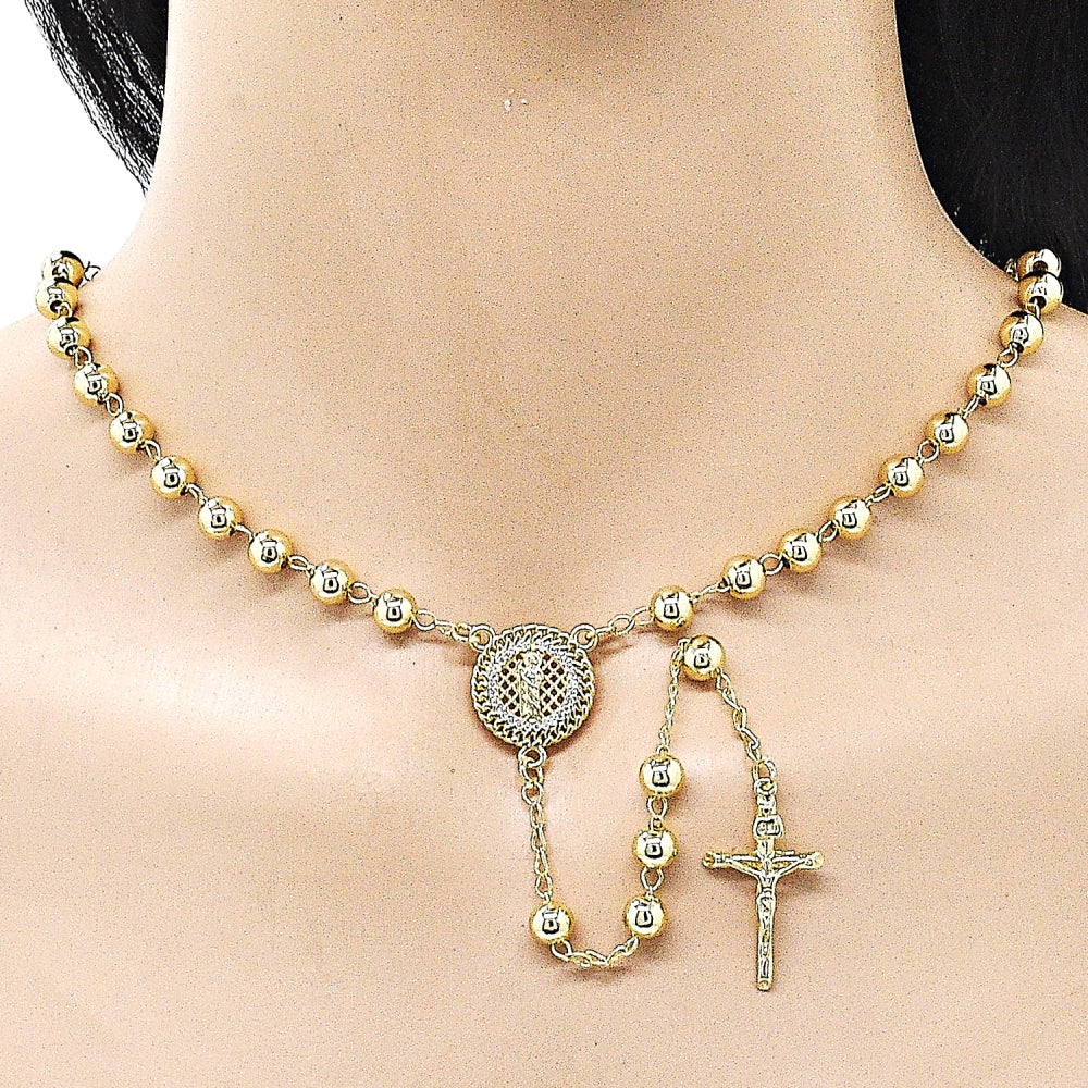 Oro Laminado Medium Rosary, Gold Filled Style San Judas and Crucifix Design, with White Micro Pave, Polished, Golden Finish