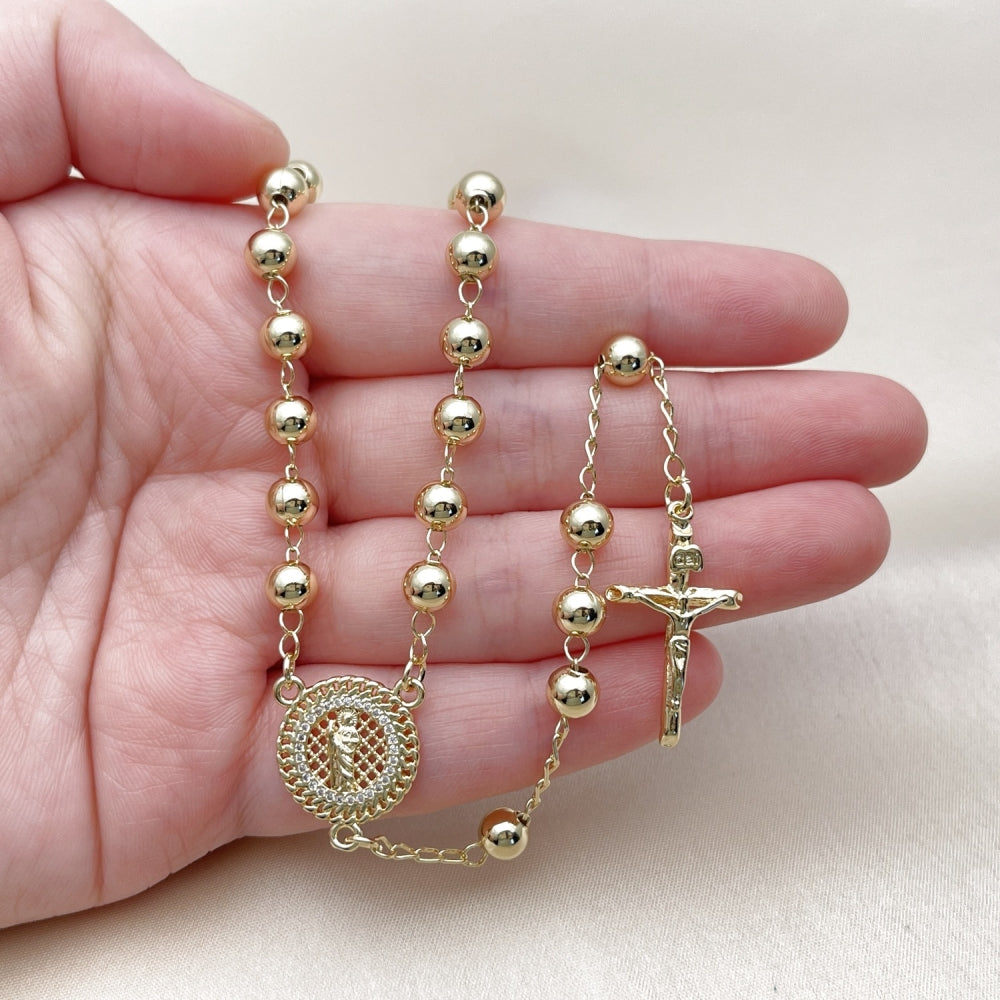 Oro Laminado Medium Rosary, Gold Filled Style San Judas and Crucifix Design, with White Micro Pave, Polished, Golden Finish