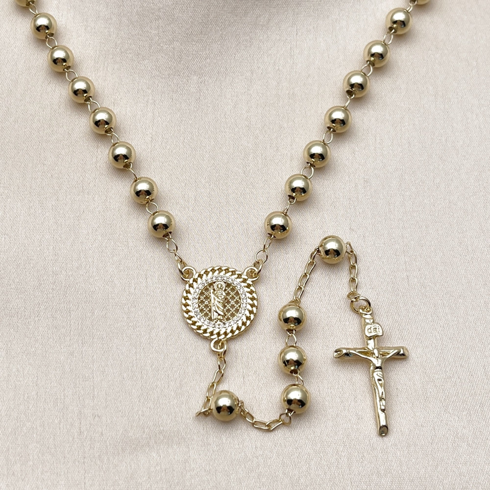 Oro Laminado Medium Rosary, Gold Filled Style San Judas and Crucifix Design, with White Micro Pave, Polished, Golden Finish