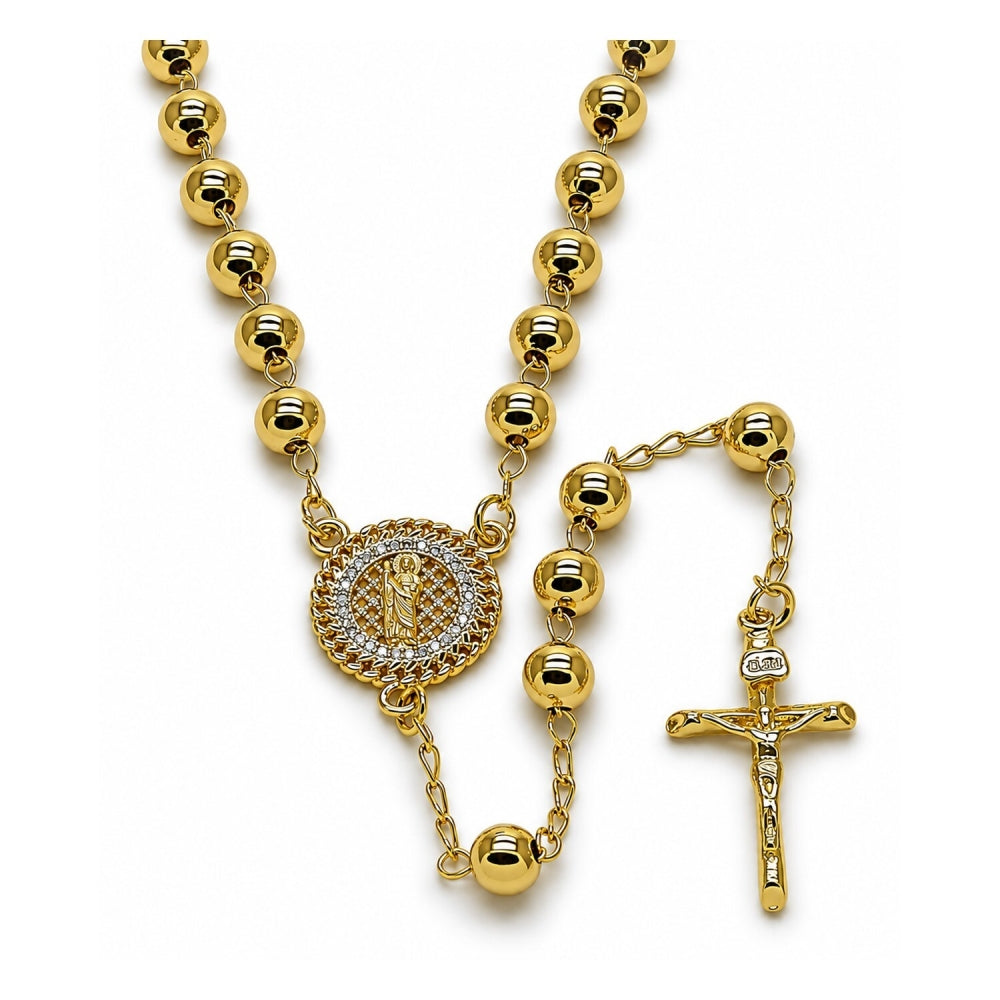 Oro Laminado Medium Rosary, Gold Filled Style San Judas and Crucifix Design, with White Micro Pave, Polished, Golden Finish