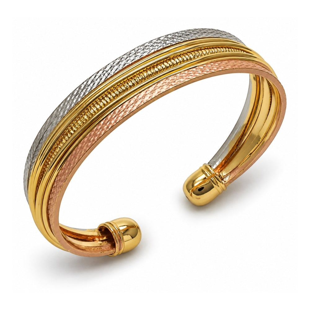 Oro Laminado Individual Bangle, Gold Filled Style Diamond Cutting Finish, Tricolor