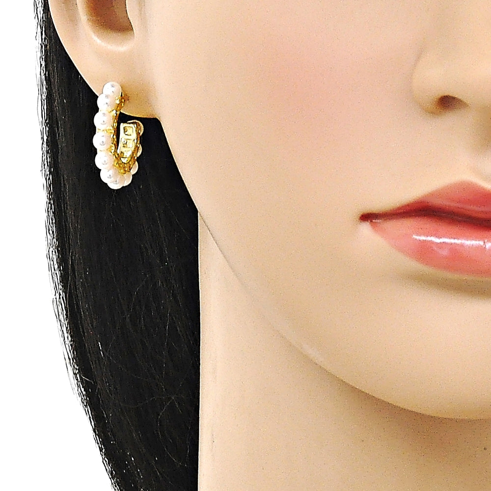 Oro Laminado Small Hoop, Gold Filled Style Ball Design, with Ivory Pearl, Polished, Golden Finish