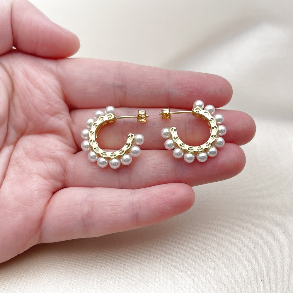 Oro Laminado Small Hoop, Gold Filled Style Ball Design, with Ivory Pearl, Polished, Golden Finish