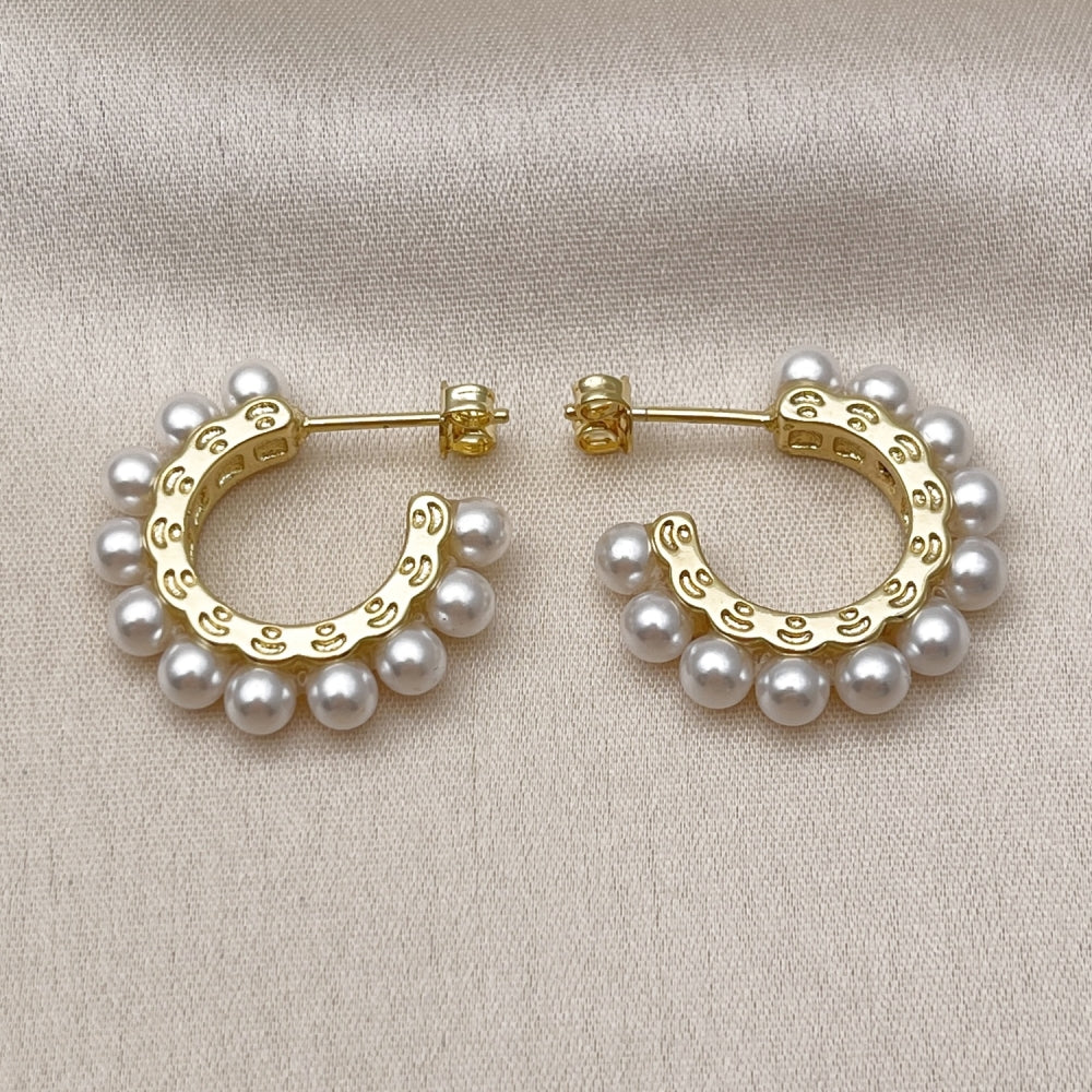 Oro Laminado Small Hoop, Gold Filled Style Ball Design, with Ivory Pearl, Polished, Golden Finish