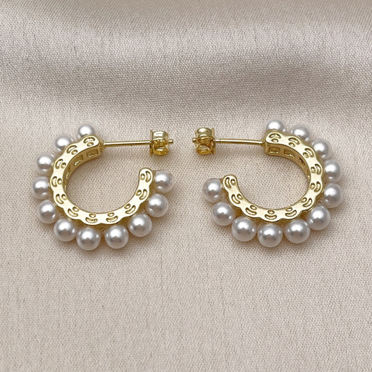 Oro Laminado Small Hoop, Gold Filled Style Ball Design, with Ivory Pearl, Polished, Golden Finish