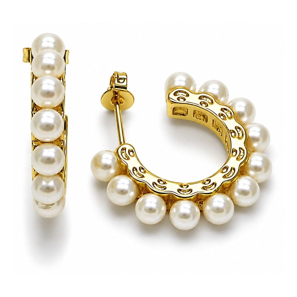 Oro Laminado Small Hoop, Gold Filled Style Ball Design, with Ivory Pearl, Polished, Golden Finish