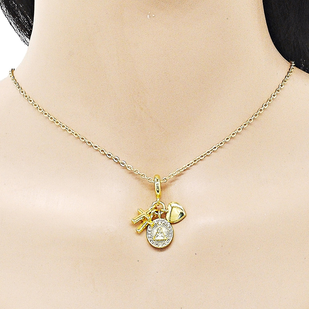 Oro Laminado Religious Pendant, Gold Filled Style Caridad del Cobre and Heart Design, with White Micro Pave, Polished, Golden Finish