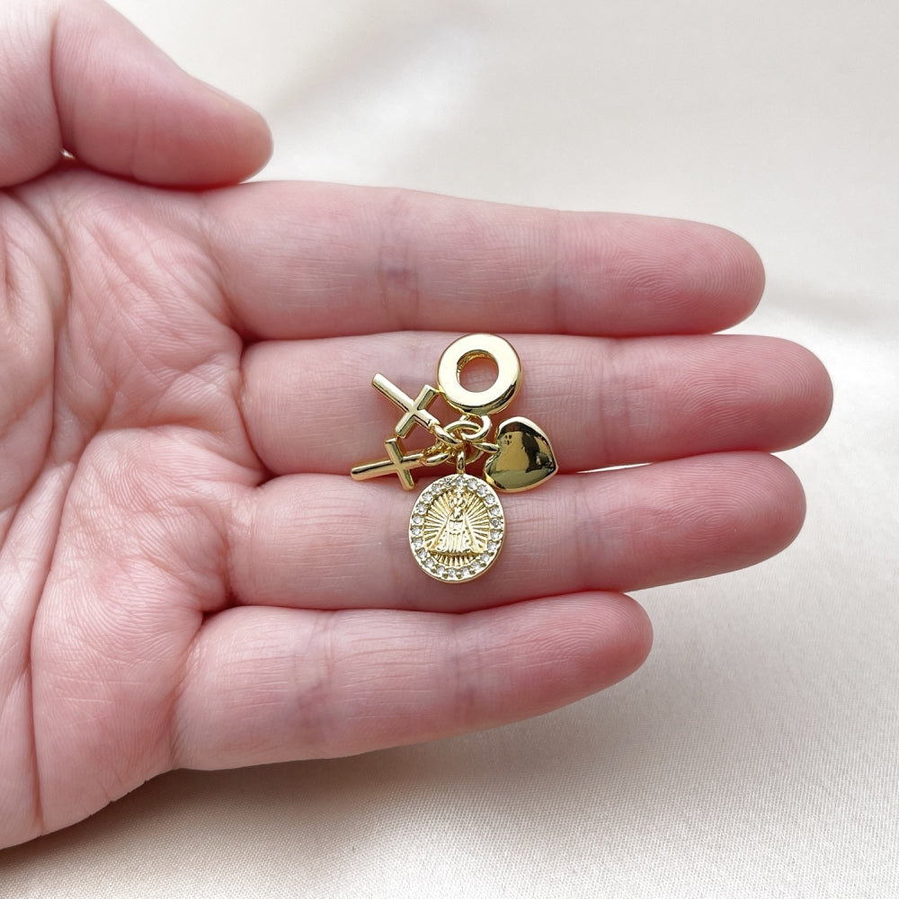 Oro Laminado Religious Pendant, Gold Filled Style Caridad del Cobre and Heart Design, with White Micro Pave, Polished, Golden Finish