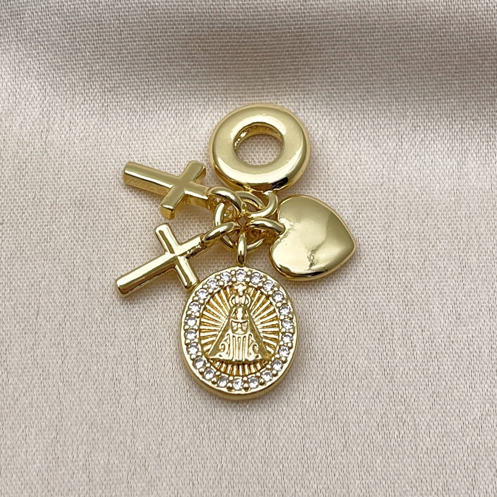 Oro Laminado Religious Pendant, Gold Filled Style Caridad del Cobre and Heart Design, with White Micro Pave, Polished, Golden Finish