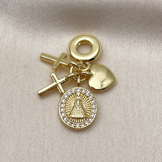 Oro Laminado Religious Pendant, Gold Filled Style Caridad del Cobre and Heart Design, with White Micro Pave, Polished, Golden Finish