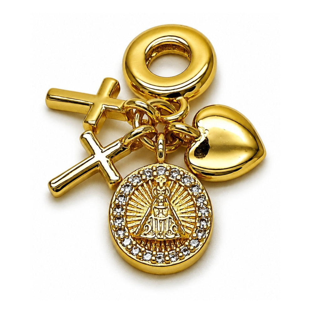 Oro Laminado Religious Pendant, Gold Filled Style Caridad del Cobre and Heart Design, with White Micro Pave, Polished, Golden Finish