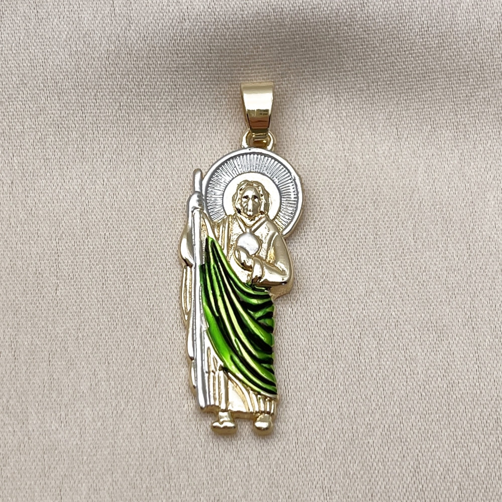 Oro Laminado Religious Pendant, Gold Filled Style San Judas Design, Polished, Tricolor