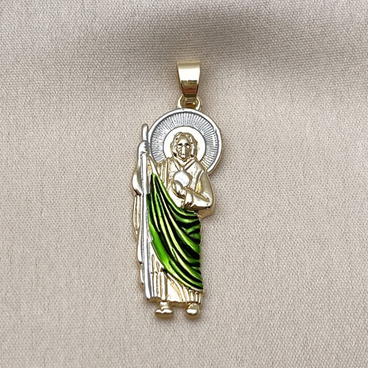 Oro Laminado Religious Pendant, Gold Filled Style San Judas Design, Polished, Tricolor