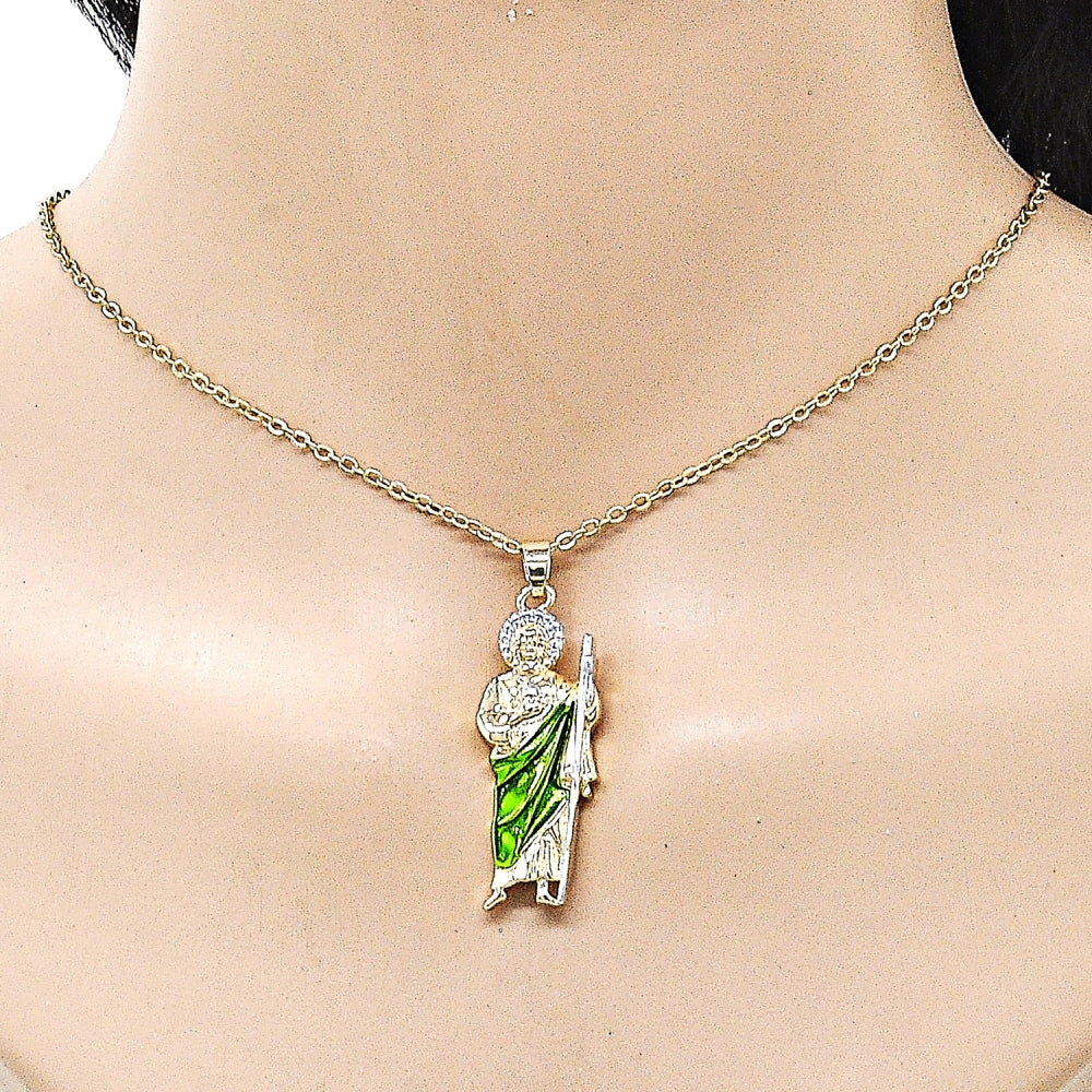 Oro Laminado Religious Pendant, Gold Filled Style San Judas Design, Polished, Tricolor