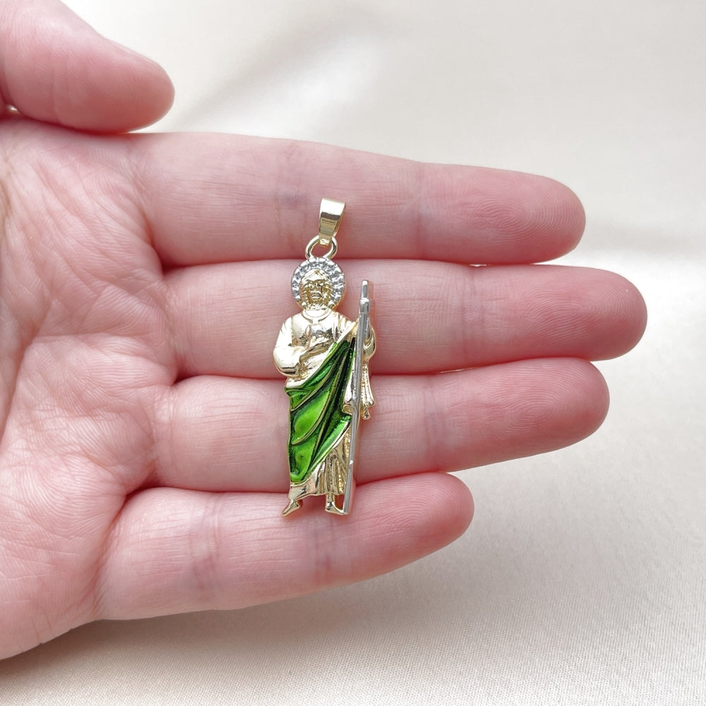 Oro Laminado Religious Pendant, Gold Filled Style San Judas Design, Polished, Tricolor