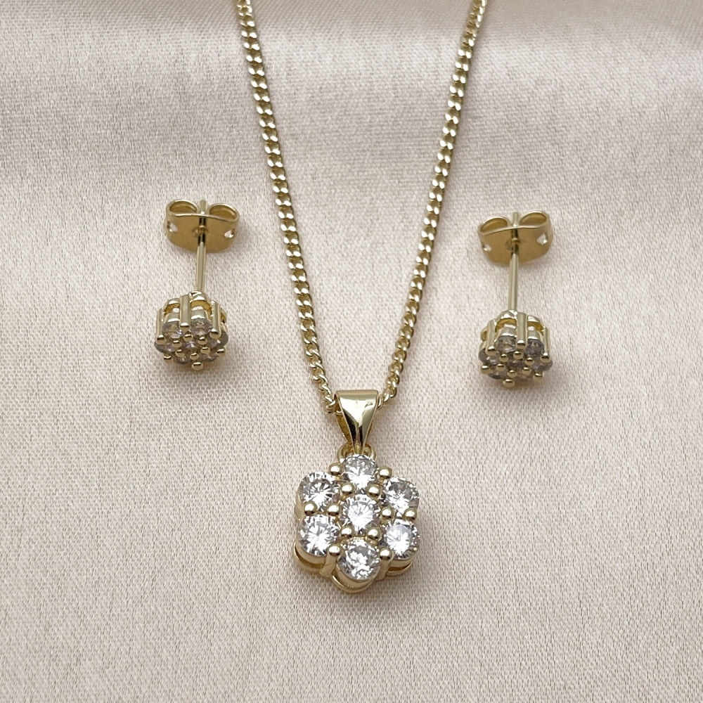 Oro Laminado Earring and Pendant Adult Set, Gold Filled Style Flower Design, with White Cubic Zirconia, Polished, Golden Finish
