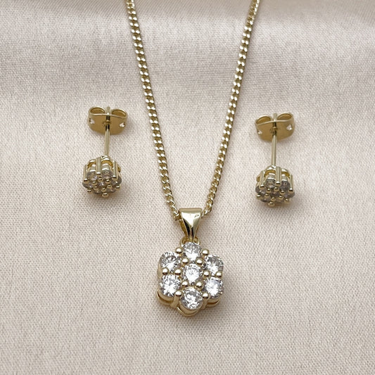 Oro Laminado Earring and Pendant Adult Set, Gold Filled Style Flower Design, with White Cubic Zirconia, Polished, Golden Finish