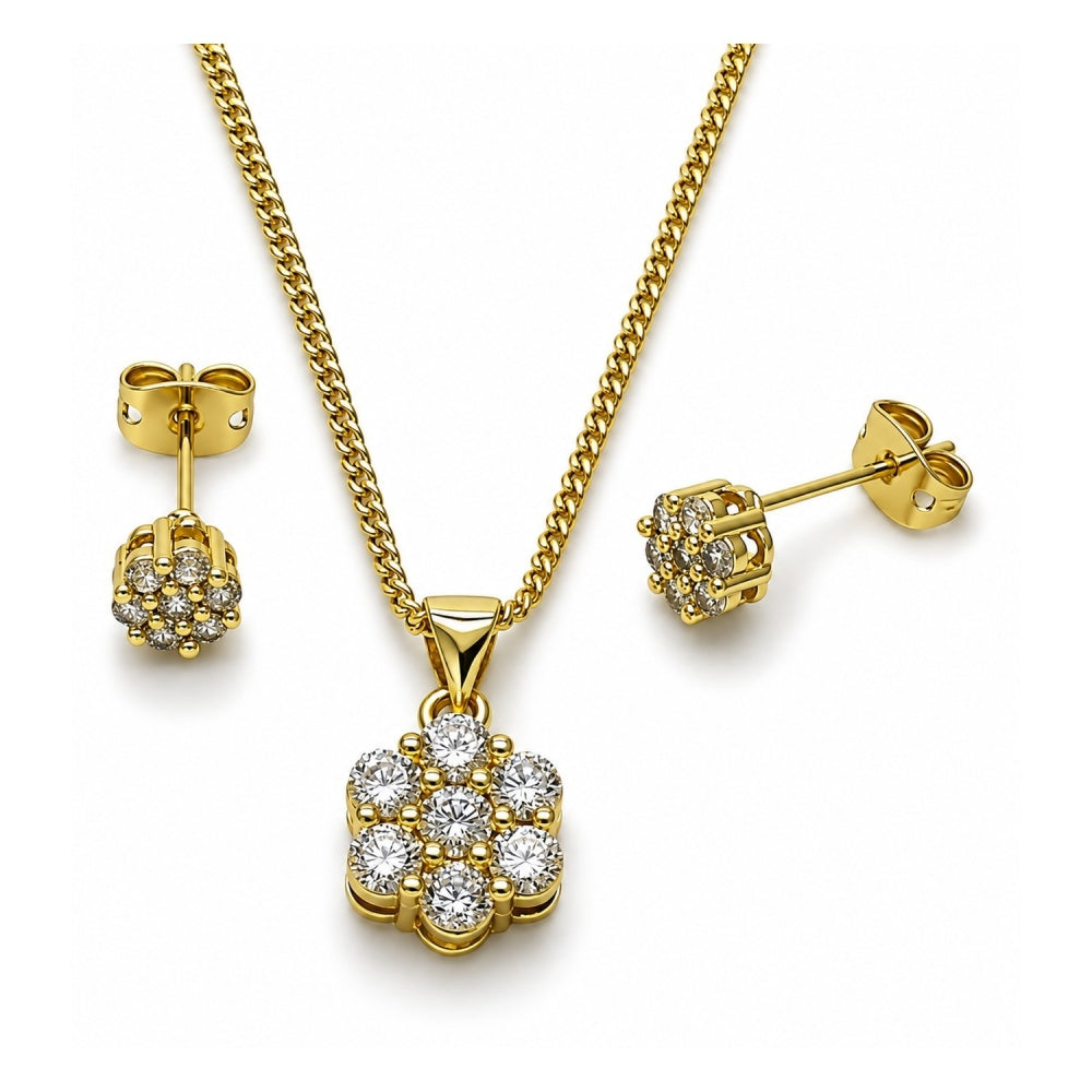 Oro Laminado Earring and Pendant Adult Set, Gold Filled Style Flower Design, with White Cubic Zirconia, Polished, Golden Finish