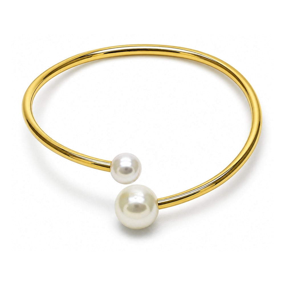 Oro Laminado Individual Bangle, Gold Filled Style Ball Design, with Ivory Pearl, Polished, Golden Finish