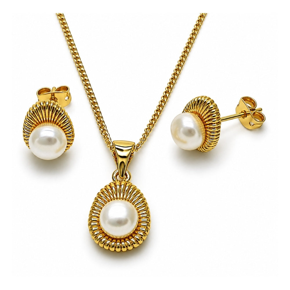 Oro Laminado Earring and Pendant Adult Set, Gold Filled Style Teardrop Design, with Ivory Pearl, Polished, Golden Finish