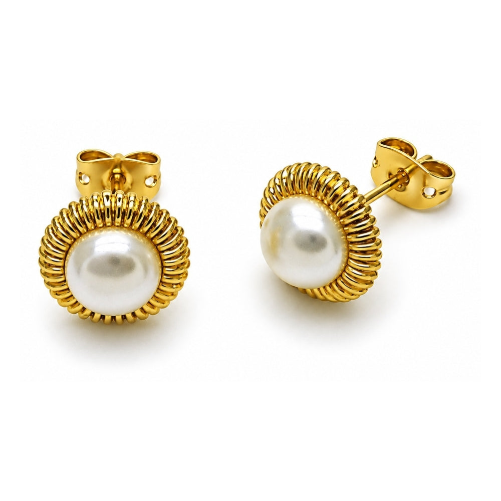 Oro Laminado Stud Earring, Gold Filled Style Flower Design, with Ivory Pearl, Polished, Golden Finish