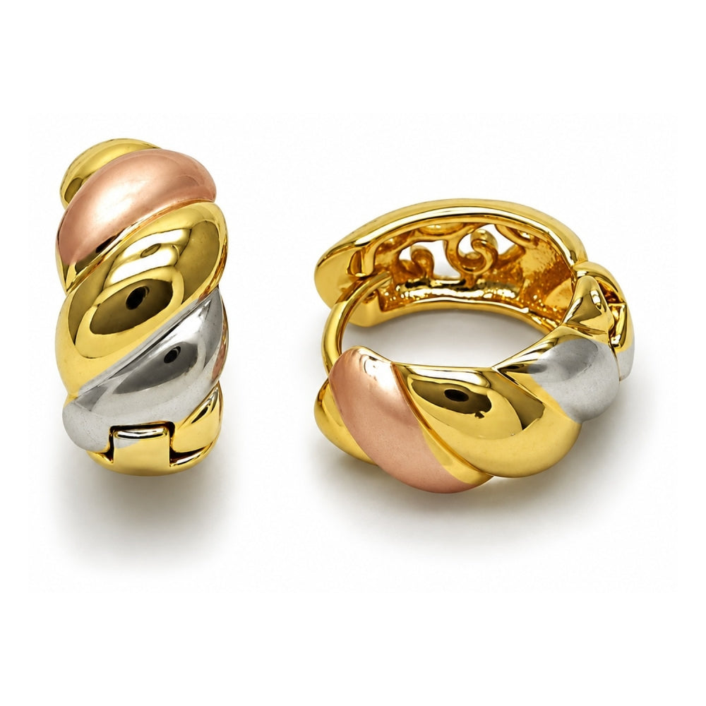 Oro Laminado Huggie Hoop, Gold Filled Style Twist Design, Polished, Tricolor