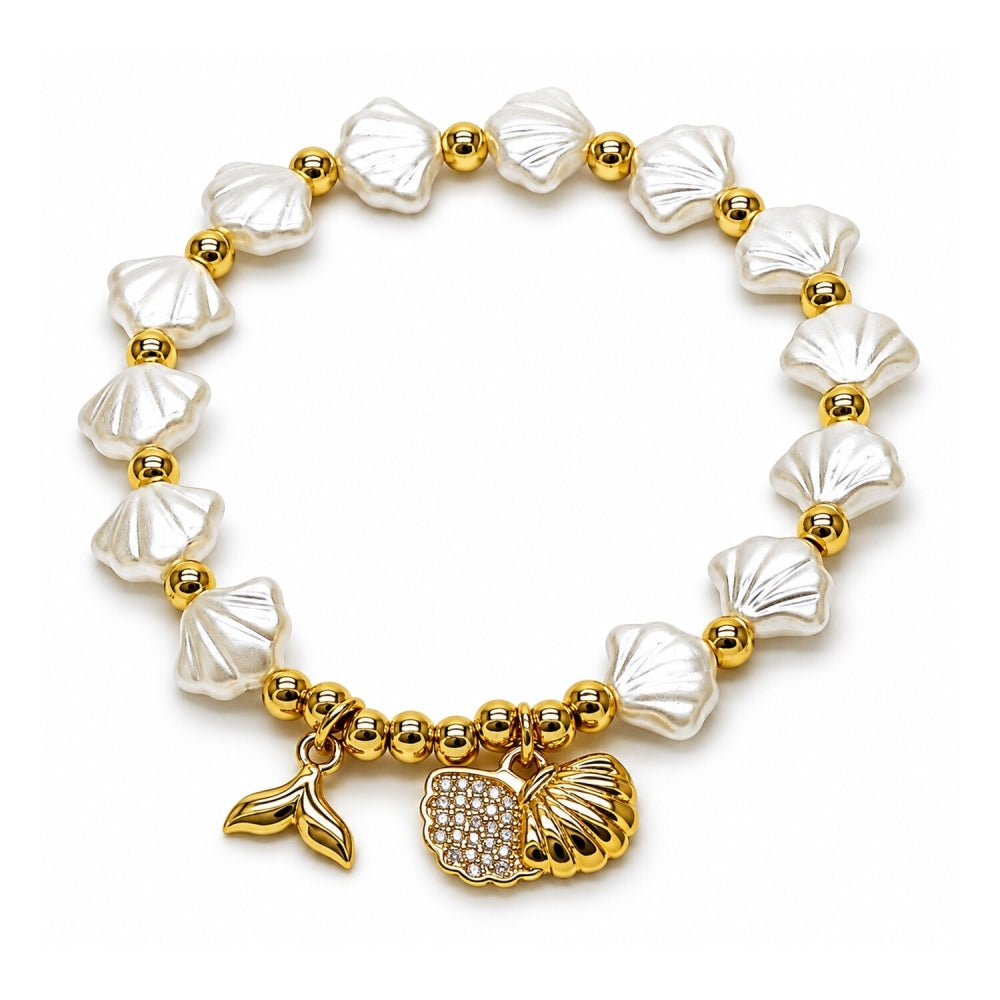 Oro Laminado Fancy Bracelet, Gold Filled Style Shell and Fish Design, with Ivory Pearl and White Micro Pave, Polished, Golden Finish