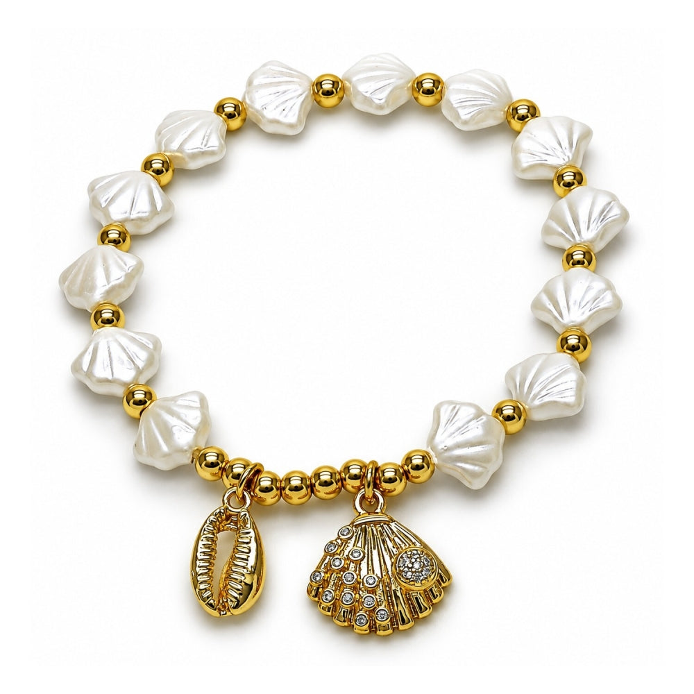 Oro Laminado Fancy Bracelet, Gold Filled Style Shell and Expandable Bead Design, with White Cubic Zirconia and Ivory Pearl, Polished, Golden Finish