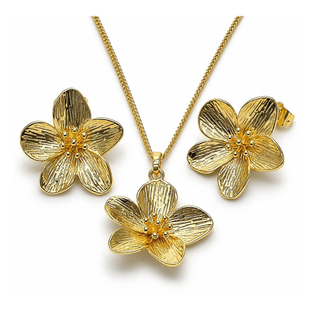 Oro Laminado Earring and Pendant Adult Set, Gold Filled Style Flower Design, Diamond Cutting Finish, Golden Finish