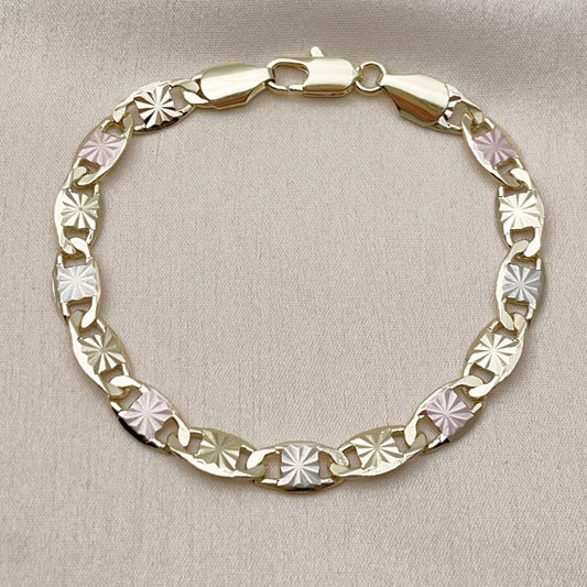 Oro Laminado Basic Bracelet, Gold Filled Style Mariner Design, Diamond Cutting Finish, Tricolor