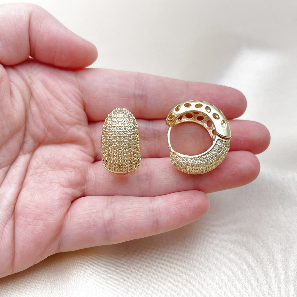 Oro Laminado Huggie Hoop, Gold Filled Style with White Cubic Zirconia, Polished, Golden Finish