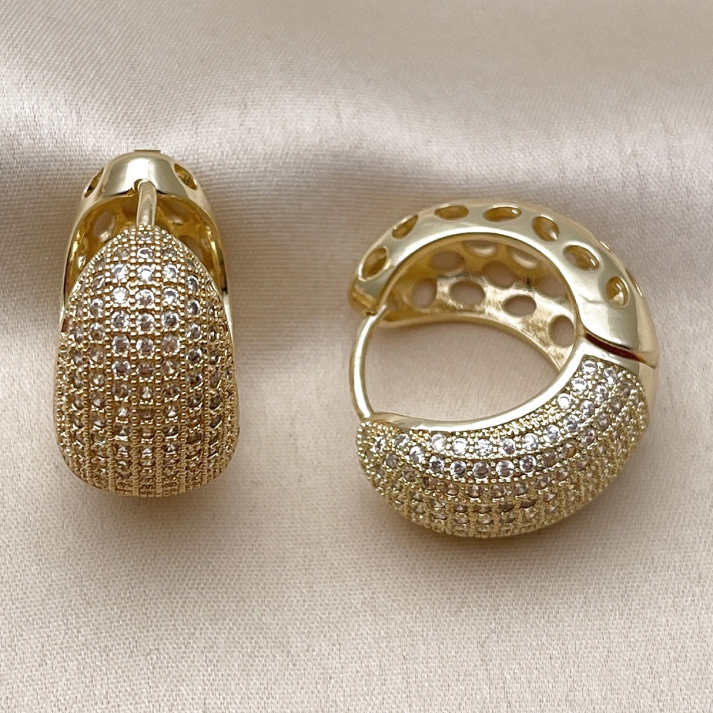 Oro Laminado Huggie Hoop, Gold Filled Style with White Cubic Zirconia, Polished, Golden Finish