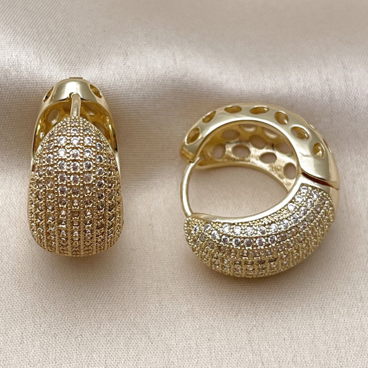 Oro Laminado Huggie Hoop, Gold Filled Style with White Cubic Zirconia, Polished, Golden Finish