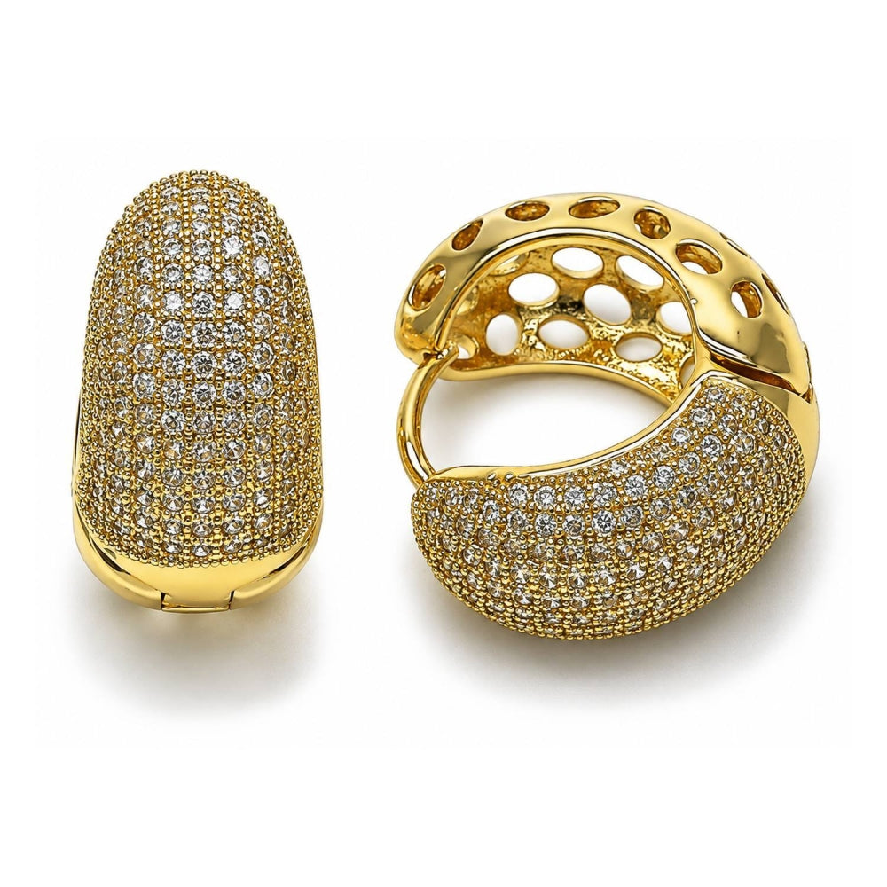 Oro Laminado Huggie Hoop, Gold Filled Style with White Cubic Zirconia, Polished, Golden Finish