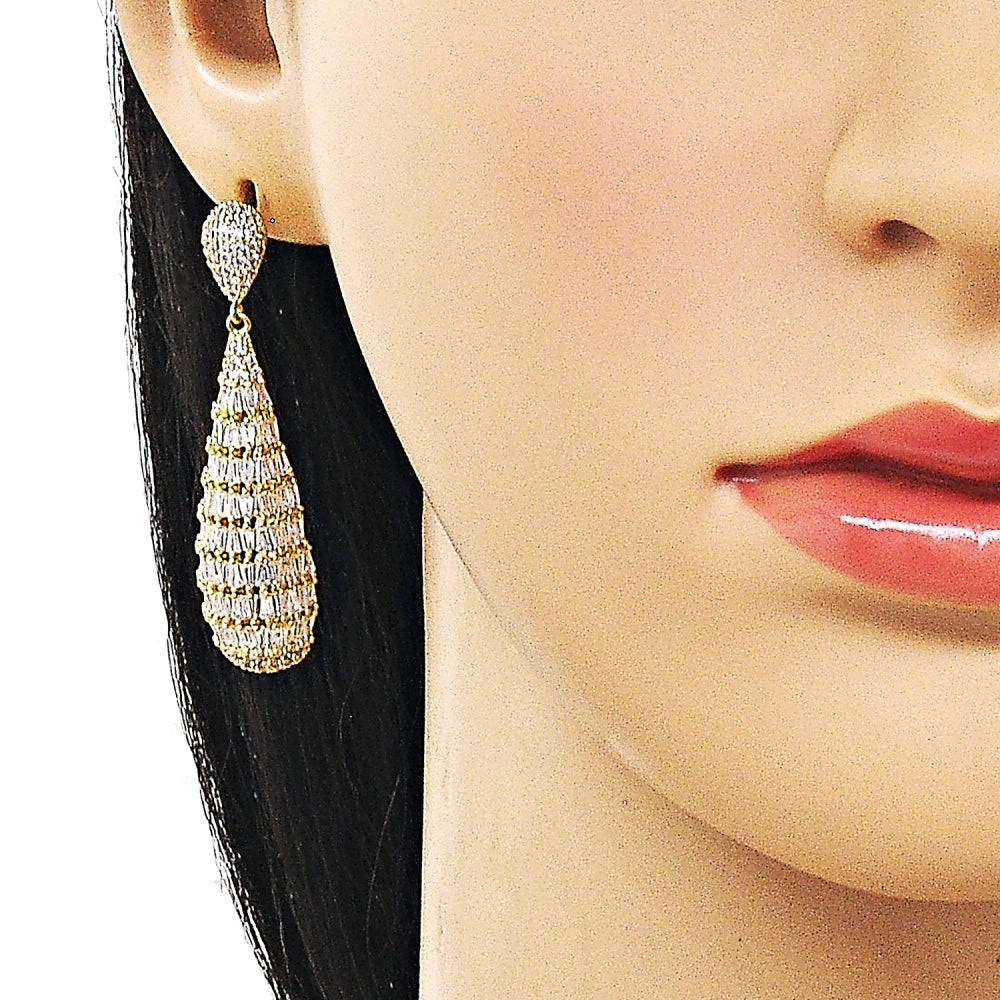 Oro Laminado Dangle Earring, Gold Filled Style Teardrop and Baguette Design, with White Cubic Zirconia, Polished, Golden Finish