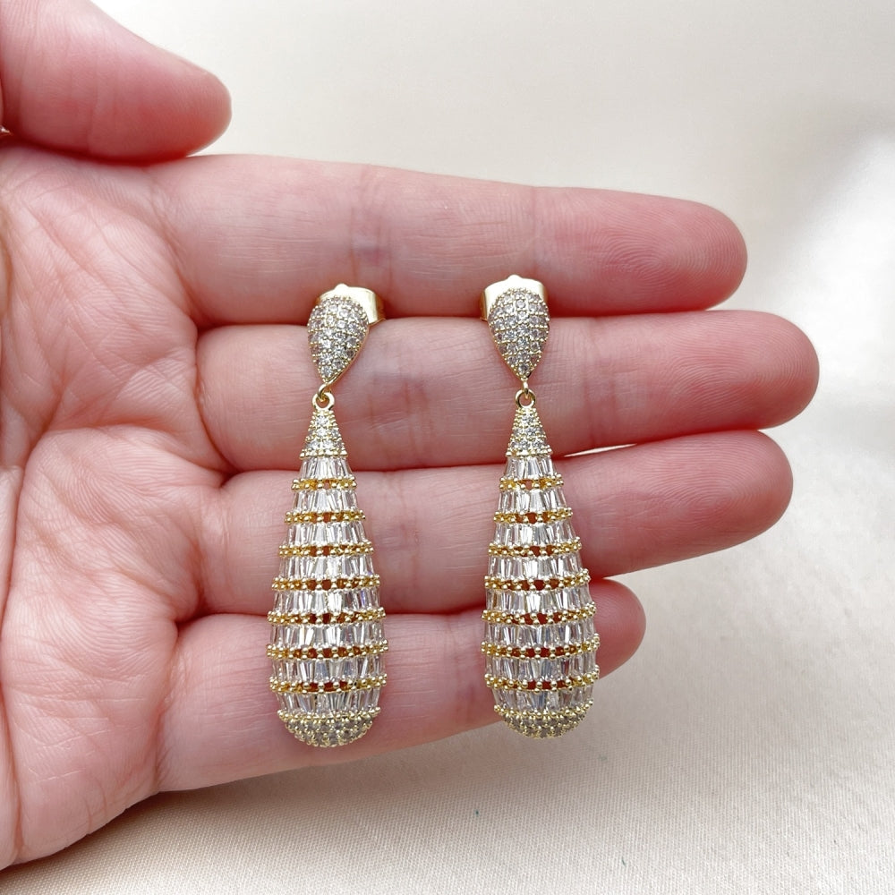 Oro Laminado Dangle Earring, Gold Filled Style Teardrop and Baguette Design, with White Cubic Zirconia, Polished, Golden Finish