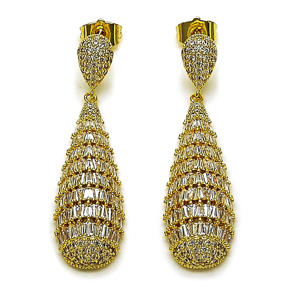 Oro Laminado Dangle Earring, Gold Filled Style Teardrop and Baguette Design, with White Cubic Zirconia, Polished, Golden Finish