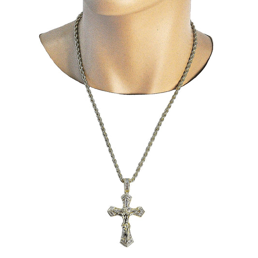 Oro Laminado Religious Pendant, Gold Filled Style Crucifix and Baguette Design, with White Cubic Zirconia and White Micro Pave, Polished, Golden Finish