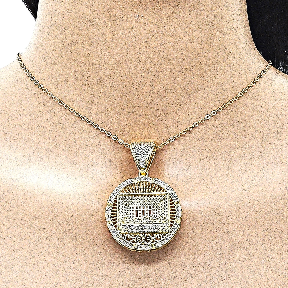 Oro Laminado Religious Pendant, Gold Filled Style with White Cubic Zirconia, Polished, Golden Finish