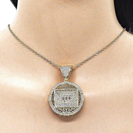 Oro Laminado Religious Pendant, Gold Filled Style with White Cubic Zirconia, Polished, Golden Finish