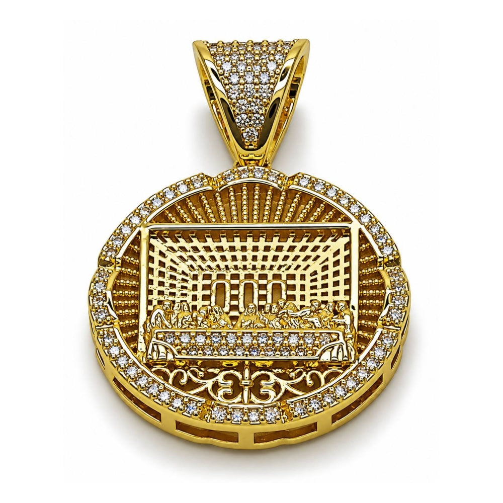 Oro Laminado Religious Pendant, Gold Filled Style with White Cubic Zirconia, Polished, Golden Finish
