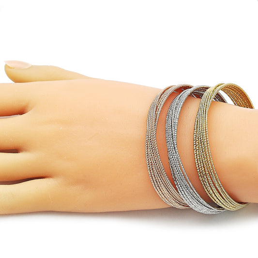 Oro Laminado Trio Bangle, Gold Filled Style Twist Design, Diamond Cutting Finish, Tricolor
