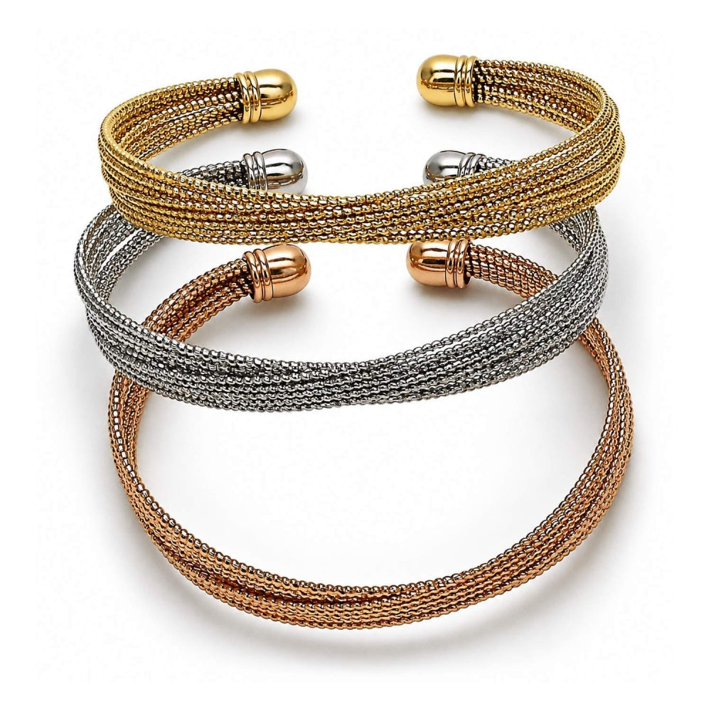 Oro Laminado Trio Bangle, Gold Filled Style Twist Design, Diamond Cutting Finish, Tricolor